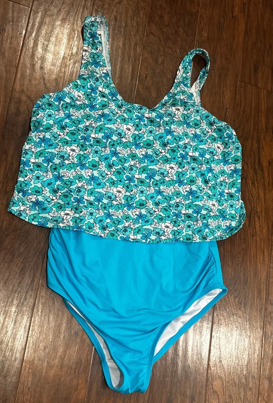 Lands End One Piece Faux-kini Swimsuit V-Neck Turquoise Floral Wms M 10/12